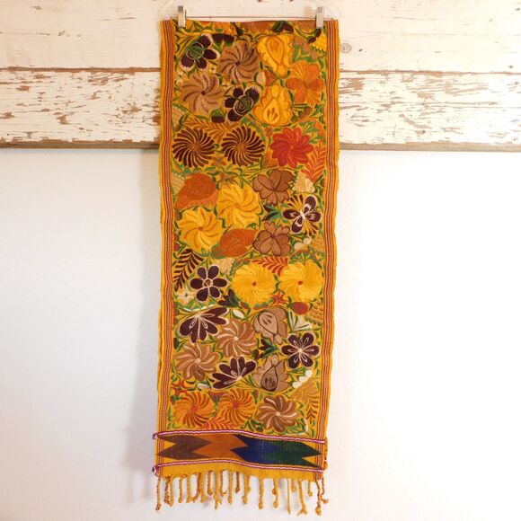 Floral Silk Embroidered Table Runner, Gold Brown Fall Autumn Fringe 90"x17" - Picture 6 of 12